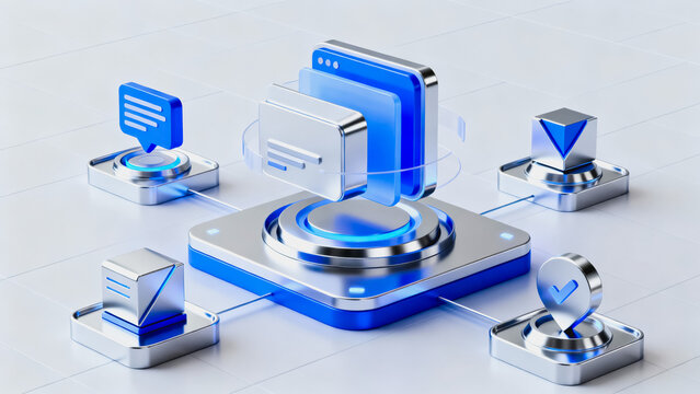 This 3D rendered graphic shows a centralized cloud data integration hub connected to multiple functional service modules, representing digital business and tech workflow.