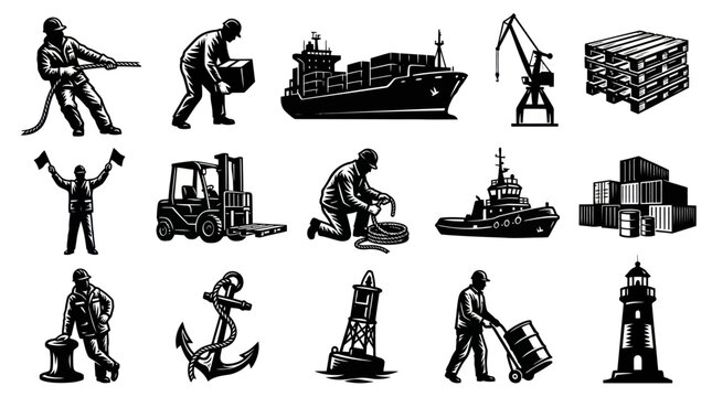 Vintage Woodcut Style Illustrations: Maritime Logistics, Port Operations, Shipping and Seafaring Elements