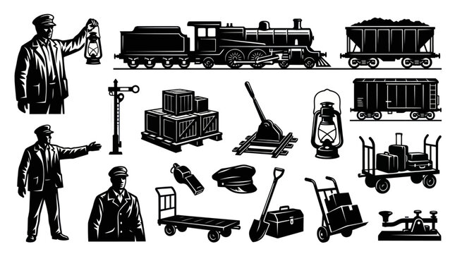 Monochrome Railway Transportation Vector Illustration Set with Train, Conductors, and Station Equipment