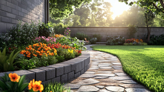 A landscaped yard with a curved retaining wall made of interlocking blocks borders a stone pathway leading through vibrant flower beds and lush green grass under bright sunlight.