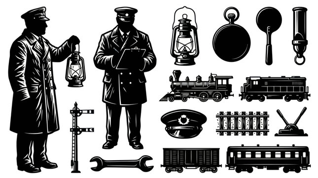 Black and White Illustration of Train Conductors and Railway Equipment