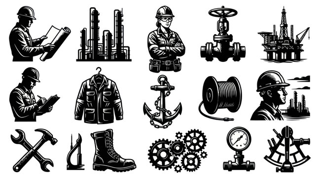 Oil and Gas Industry Icons: Workers, Equipment, and Offshore Platform - Vector Art