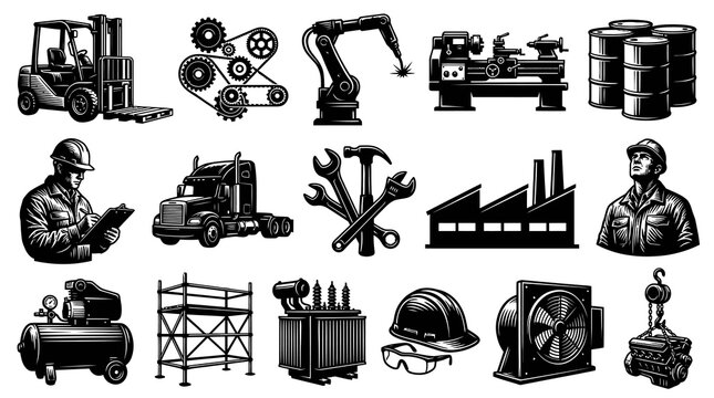 Industrial Set: Forklift, Truck, Robot Arm, Tools, Factory, Machinery - Black  White