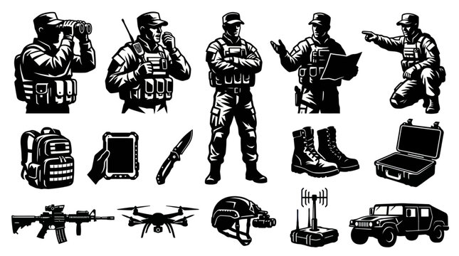 Black and White Vector Icons of Military Special Forces and Equipment