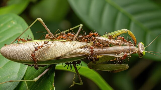 Ants swarm a deceased praying mantis, showcasing insect interactions and decomposition process in