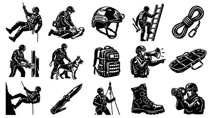 Obraz premium Emergency Services, Search and Rescue, First Responders Black and White Glyph Icons Set