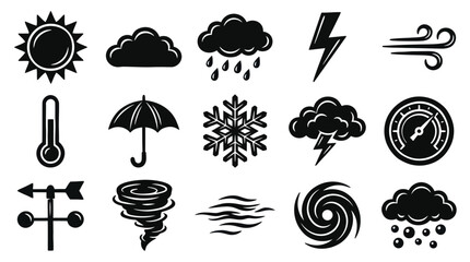 Obraz premium Weather and Climate Black Glyph Icons Set: Forecast, Temperature, Sun, Rain, Storm, Wind Symbols