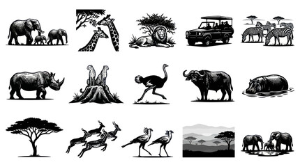 Obraz premium African Safari Wildlife Monochrome Vector Illustrations Collection: Animals, Landscape, Trees, and Tour Jeep