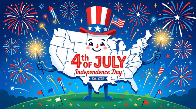 Anthropomorphic u s map character celebrates fourth of july with fireworks america american celebration