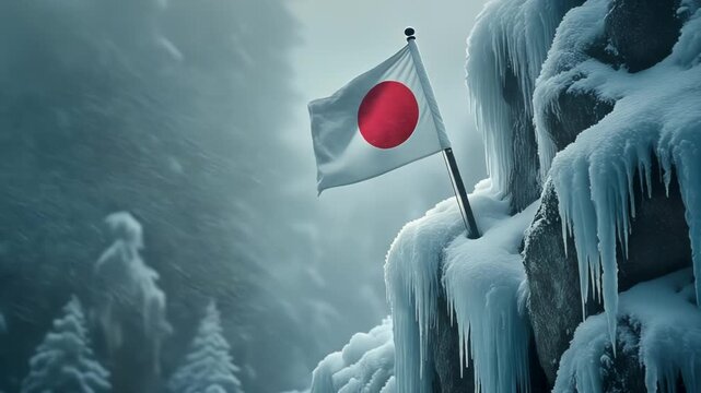 極寒の雪山で暴風に耐える日本国旗のポートレート