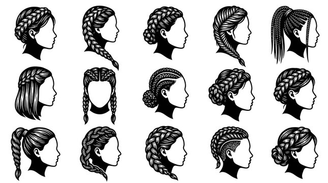 Black  White Line Art Vector Set of Diverse Braided Hairstyles for Women - Hair  Beauty
