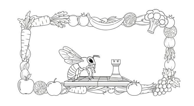 Bee playing chess on a board made of vegetables and fruits