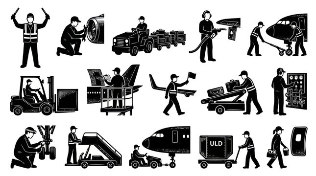 Airport Ground Operations  Aviation Services Black and White Silhouette Vector Icons