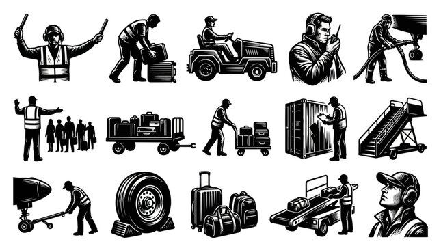 Airport Ground Operations Personnel and Aviation Equipment - Monochrome Engraving Style Vector Line Art Set
