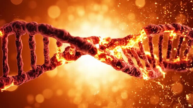 Damaged DNA molecule glowing with intense orange light and sparks, representing genetic mutation or breakdown, medical research concept
