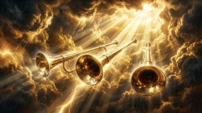 Trumpets of heaven sounding to herald the arrival of the King of Kings for judgment.