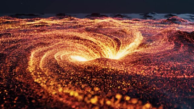 Abstract swirling vortex of glowing orange particles in dark, cosmic landscape, representing energy flow and cosmic phenomena