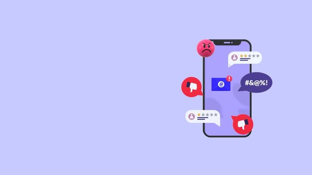 Negative feedback concept animation with copy space, showing dislike symbol, poor ratings, and complaint report. Suitable for business reviews, customer dissatisfaction, and rating evaluation themes.
