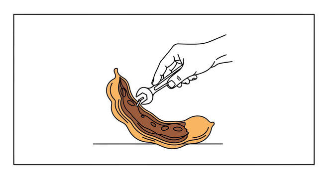 Hand using wrench to open a tamarind pod, unusual food preparation concept