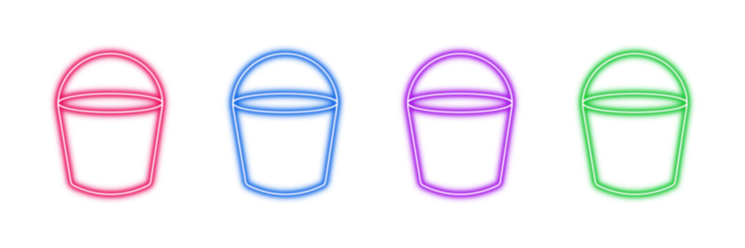 Neon glowing bucket vector icons set, cleaning pail, utility container, household tool, vibrant colorful digital design illustration on transparent background.