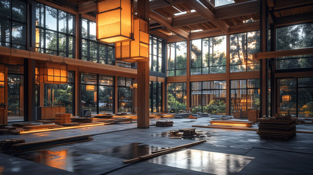 Modern Japanese Zen Meditation Hall with Wooden Architecture and Warm Lighting.