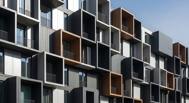 Modern apartment building facade with modular balcony design, featuring a geometric pattern of protruding grey and woodtoned box structures against a clear blue sky