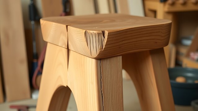 reliance. A crooked handmade wooden stool with visible gaps in the joints, set against a simple workshop. safety posters.