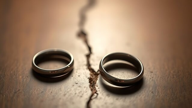 toroidal. A broken wedding ring lies on wood with a visible crack and side lighting. wellbeing guides, coaching materials, designed for coaching and self-improvement content, used by videographers.