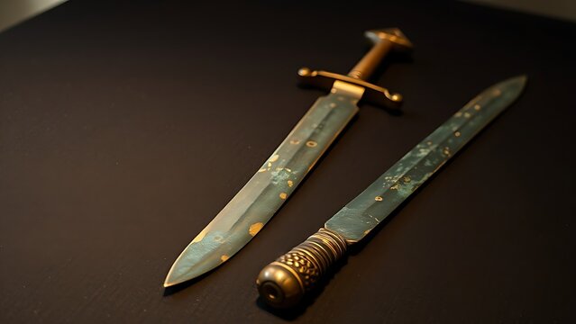 constancies. Two ancient bronze swords with complementary patina on a dark surface. event programs, museum guides, designed for cultural heritage projects and event programs.