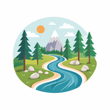 Stylized Mountain Landscape with Winding River and Pine Trees