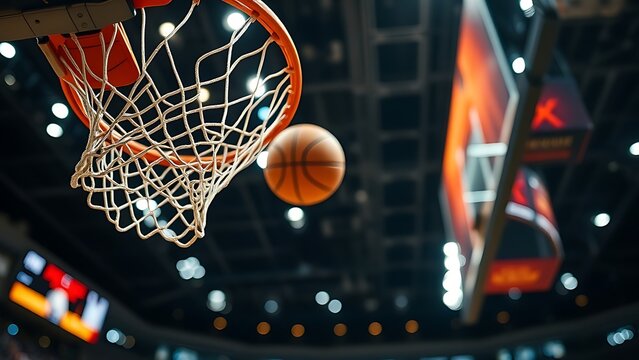 swish. Basketball passing through net against blurred arena lights. event key visuals, club posters, designed for sports event promotions and stadium branding and fitness apps and gym onboarding.