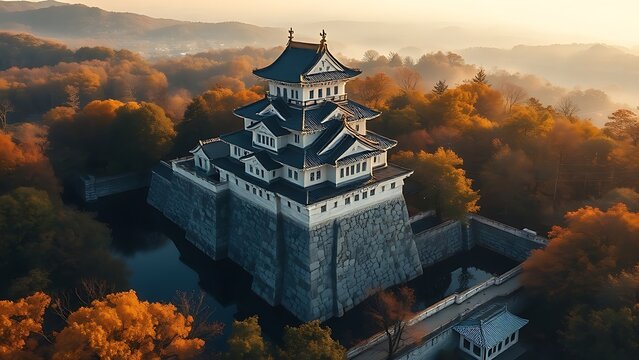 lordship. Aerial view of Japanese castle with stone walls and moat in autumn foliage. representing seasonal cycles and harvest abundance.
