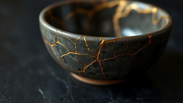 kintsugi. A repaired ceramic bowl using the kintsugi method, golden lacquer on cracks. event programs, museum guides, designed for cultural heritage projects and event programs, preserves heritage.