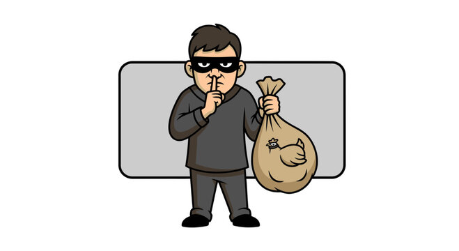 Thief stealing a chicken in a sack, masked man with finger on lips, secret crime