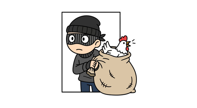Thief Stealing Chicken From Bag, Funny Cartoon Illustration