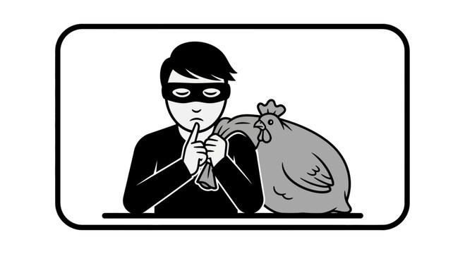 Thief Stealing Chicken in Bag, Shushing Gesture, Secretive Crime