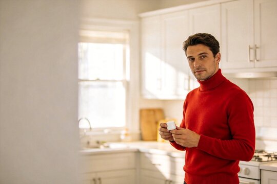 Man in red sweater holding cup in kitchen