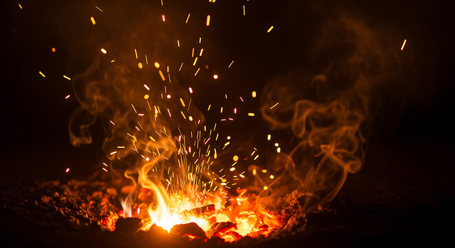 Fire Sparks Rising from Glowing Hot Coals in the Dark
