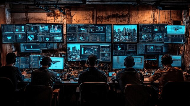Dimly lit multi-monitor command center filled with operators monitoring dozens of video feeds