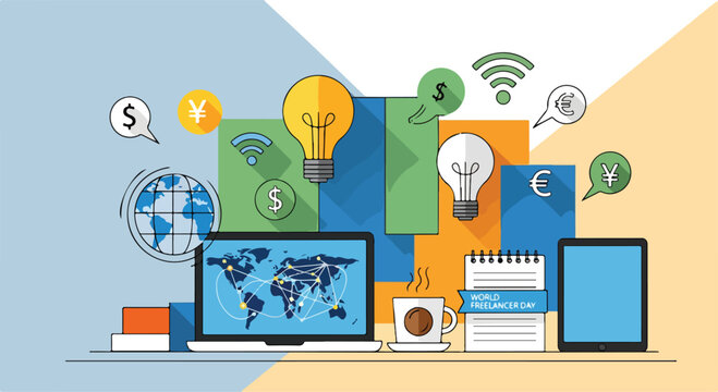 A colorful illustration of global freelancing with technology and currency symbols
