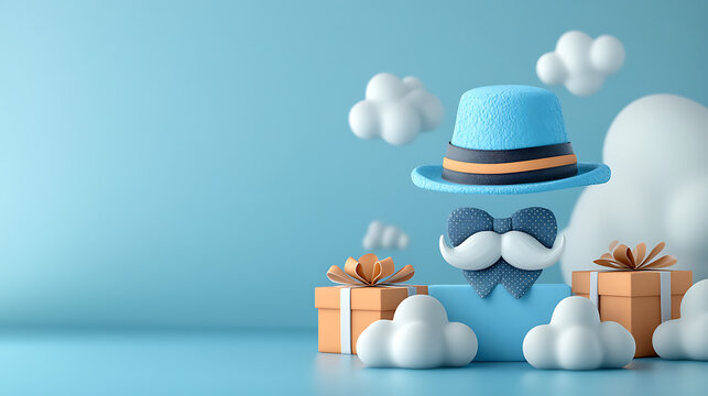 Premium 3D Claymorphism Father's Day Banner with Floating Blue Hat Mustache and Orange Gift Boxes