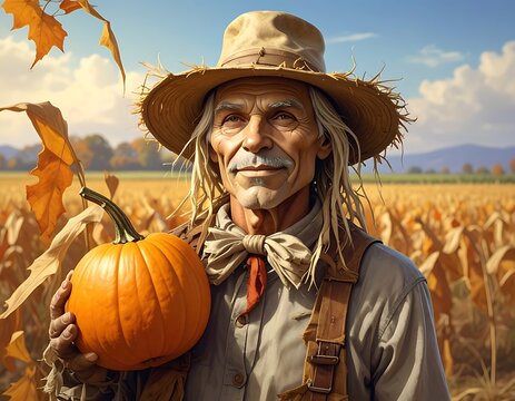 An elderly man in a field holding a pumpkin