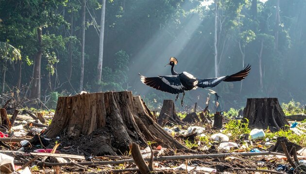 Hornbill bird flying over deforested area with tree stumps and sunlight