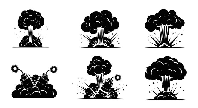 Mushroom cloud explosion icons and dynamite blast symbols set