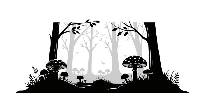 Mystical forest silhouette with magic mushrooms and trees