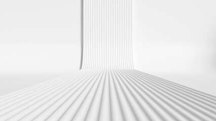 Obraz premium Abstract 3D render of white minimalist studio background with flowing parallel lines curve. Modern elegant podium or stage template with soft shadows for product presentation
