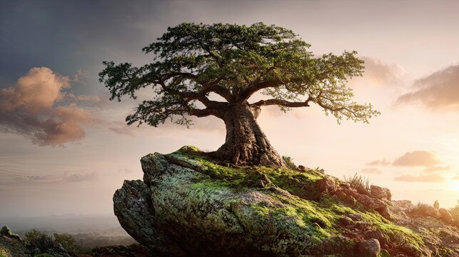 Small Ancient Baobab on Moss at Sunrise Web Banner Symbol of Hope Nature