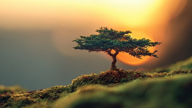 Small Ancient Cedar of Lebanon on Moss at Sunrise Web Banner Symbol of Hope Nature