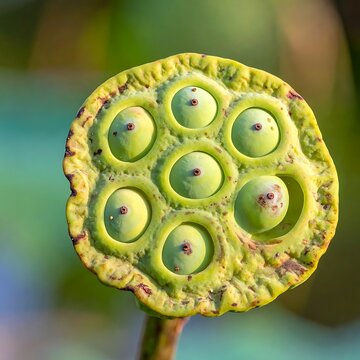 A green lotus seed pod with seven circular sections