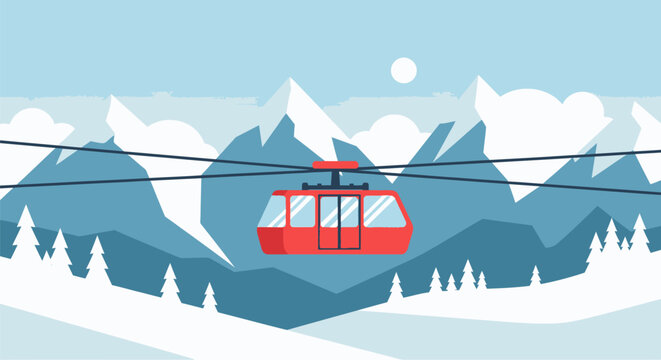 Red Cable Car in Winter Landscape.